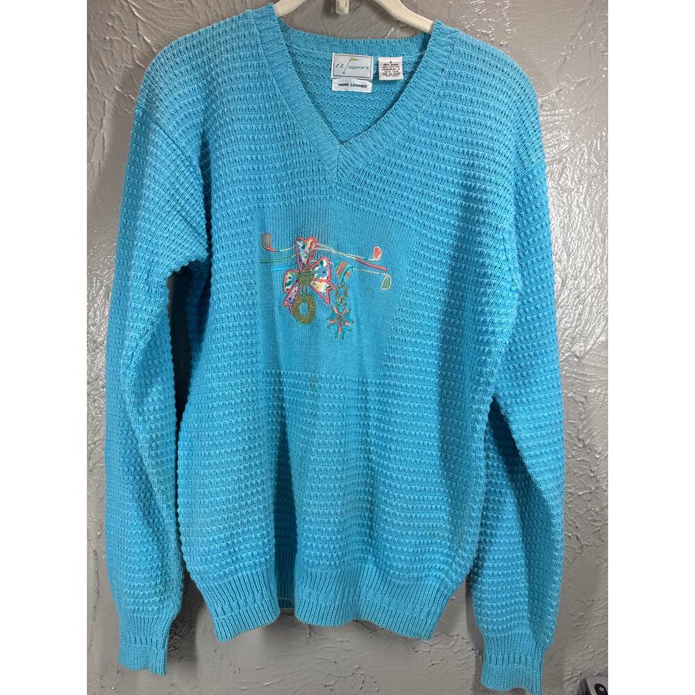 Vintage LL Sport Blue Turquoise Jumper Floral Embroidery‎ Hand Loomed Size Small